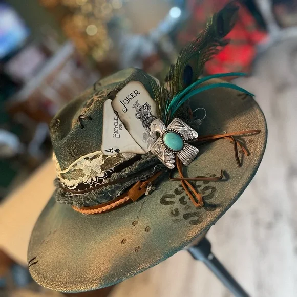 Wicked gypsy adjustable, custom, one of a kind, burned cowboy hat. Hand Burned Cowboy Hat - Tobacco Cashmere Western Hat, Gypsy  main image 3